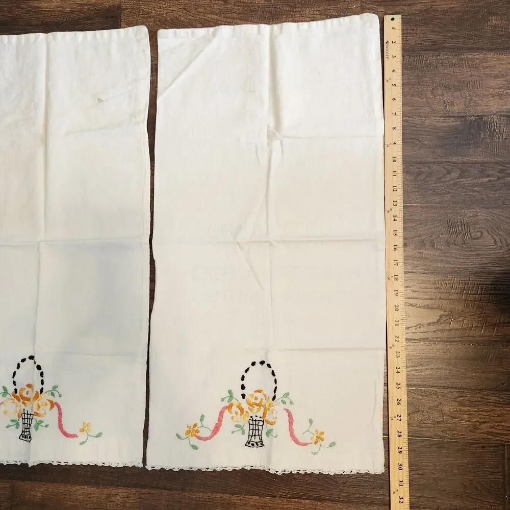 Vintage Pair Hand Embroidered Floral Crocheted Edges Pillowcases Cottagecore